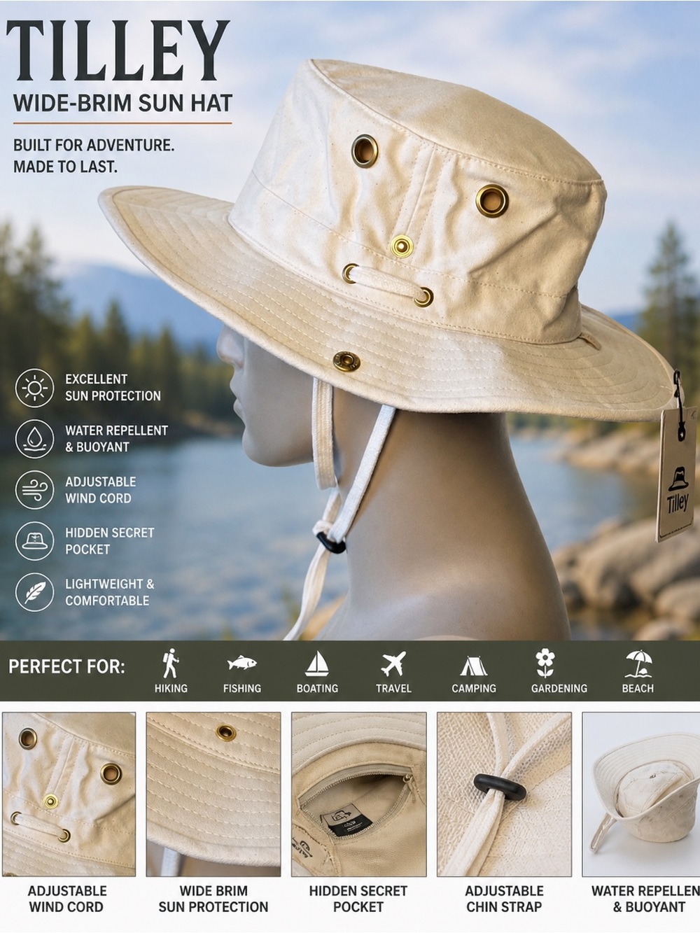 Cream Tilley size 7 1/8 Hat with wind cord Chin Strap